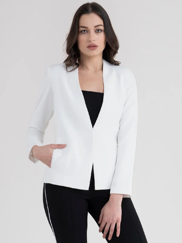 Plus Size Women's Embroidered Blazers in Floral Patterns for a Feminine TouchOpen Front Blazer - White