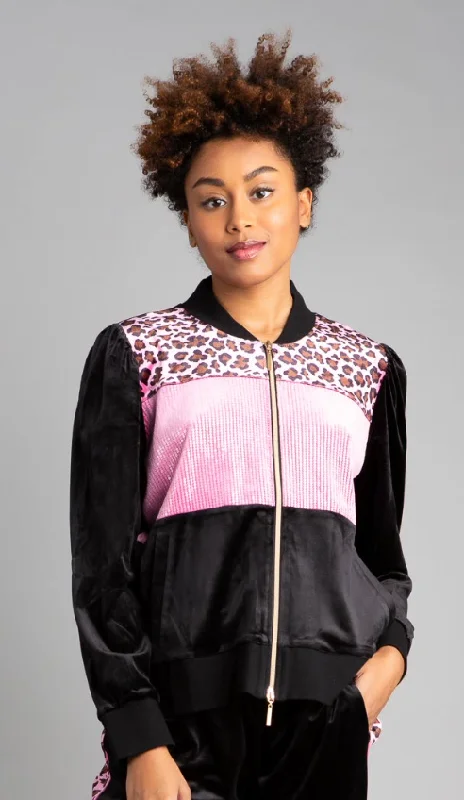 Plus Size Women's Military - Inspired Blazers with Gold Accents for a Bold LookPink Puff Colorblocked Velour Jacket