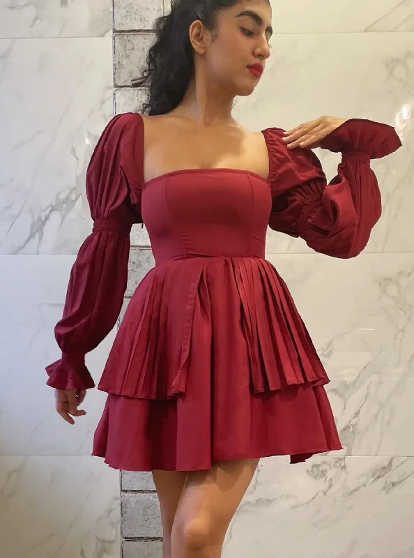 Strapless Women Dress with a Built - in Bra for Comfort and SupportPixie Burgundy Puff Corset Dress