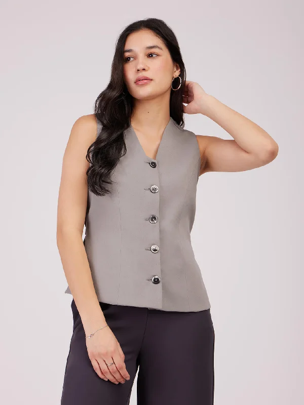 Women's Slim - Fit Blazers in Charcoal Gray for a Professional AppearancePlacket Detail Waistcoat - Grey