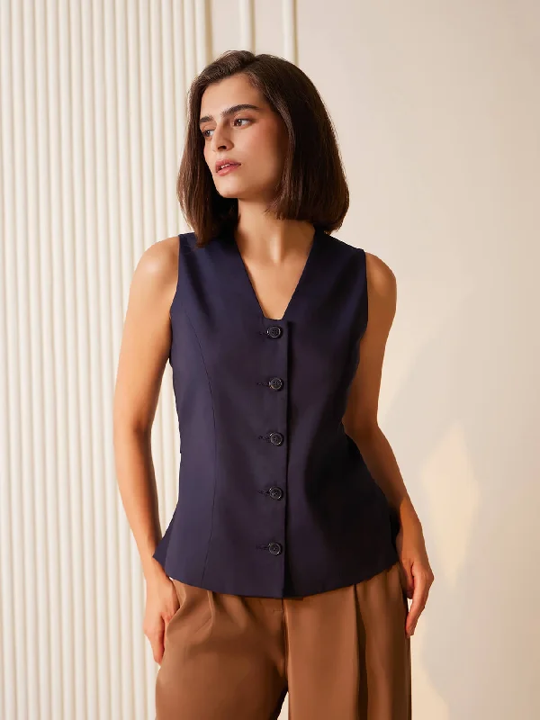 Single - Breasted Women's Tweed Blazers with Gold Buttons for a Classic LookPlacket Detail Waistcoat - Navy Blue