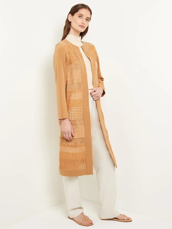 Women's Belted Blazers in Camel Color for a Sophisticated OutfitRound Neck Jacket - Burnout Pointelle Mixed Media