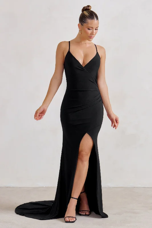 Strapless Women Dress with a Built - in Bra for Comfort and SupportSammi | Black Cami Plunge Wrap Maxi Dress