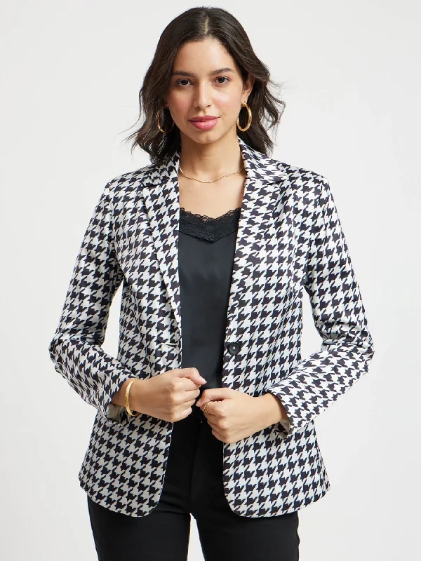 Oversized Women's Printed Blazers in Animal Patterns for a Statement PieceSatin Houndstooth Print Blazer - White And Black