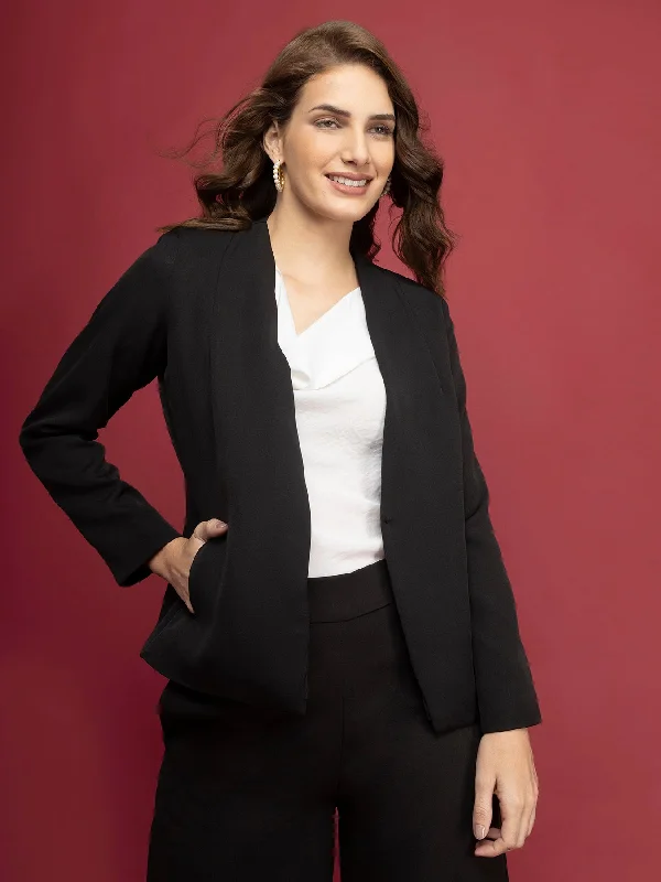 Plus Size Women's Military - Inspired Blazers with Gold Accents for a Bold LookSolid Formal Jacket - Black