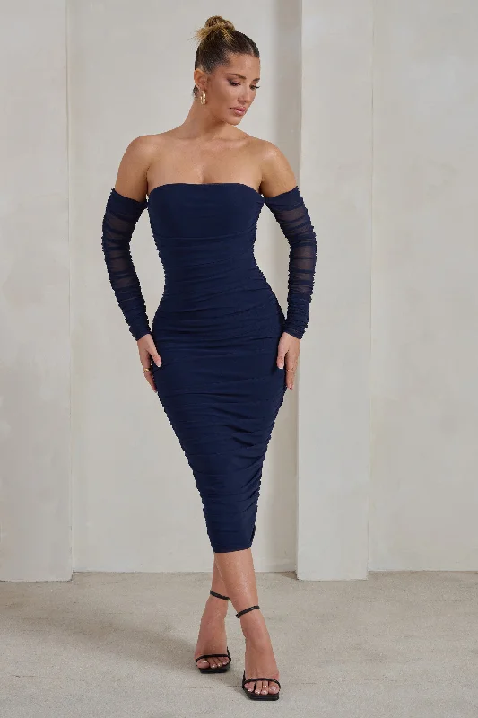 Backless Women Dress for a Sexy and Alluring Look at Evening EventsSorella | Navy Ruched Mesh Bardot Midi Dress