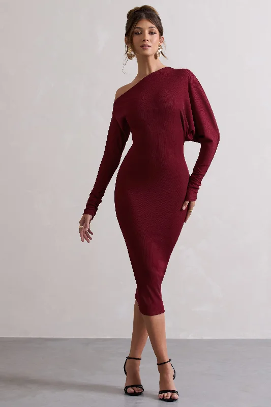 Pleated Women Dress with a Timeless and Elegant TextureThora | Berry Rib Knit One-Shoulder Midi Dress