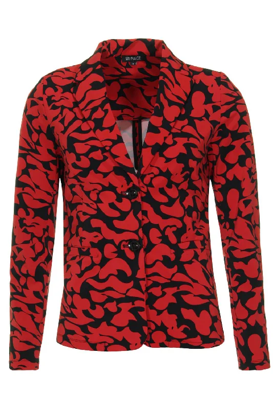 Plus Size Women's Faux Fur - Trimmed Blazers in Black for a Luxurious LookTravel blazer Leaves Print Dark Red Black 202500