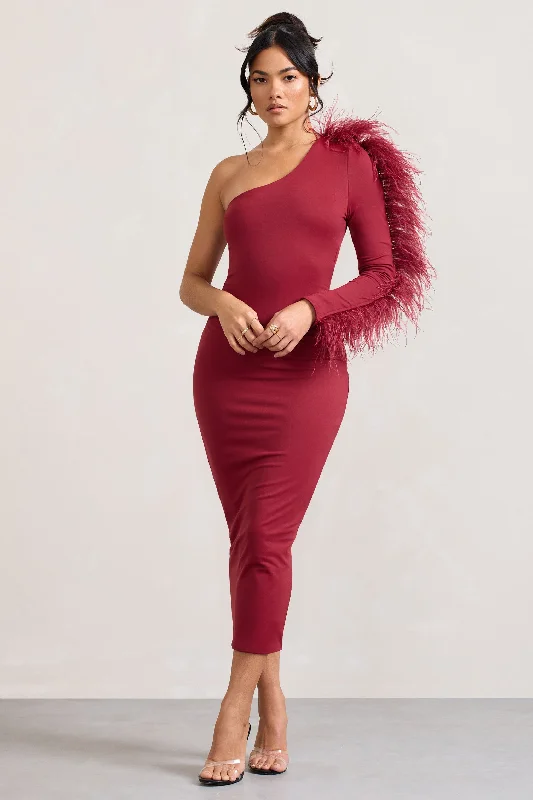 Mini Women Dress with a Short Hem for a Young and Trendy StyleWild One | Burgundy One-Shoulder Bodycon Midi Dress With Feather-Trimmed Sleeve