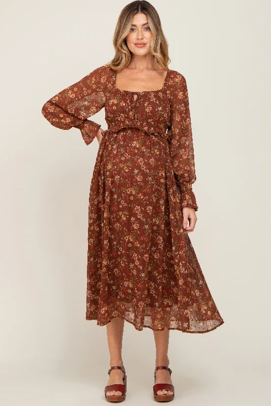 Strapless Women Dress with a Built - in Bra for Comfort and SupportBrown Floral Chiffon Smocked Waist Maternity Midi Dress