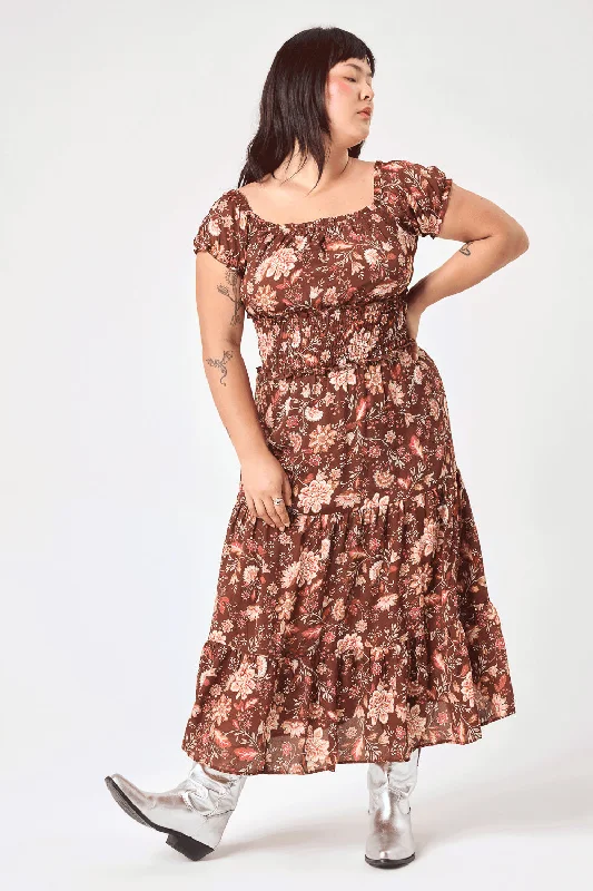 Ball Gown Women Dress with a Full Skirt for a Princess - like LookBrown Floral Off Shoulder Midi Dress