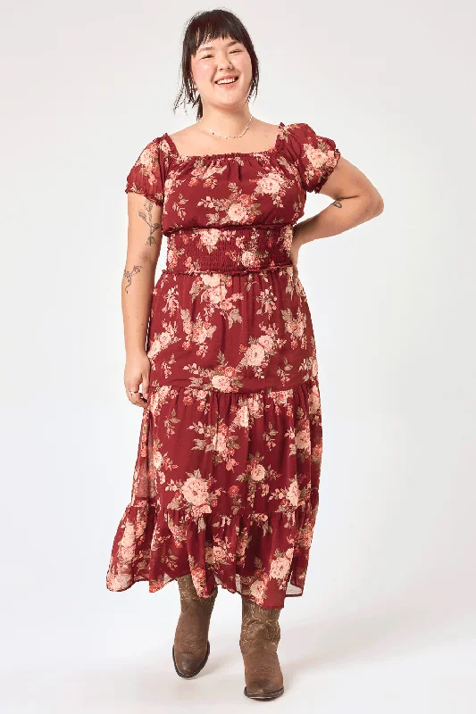 Off - the - Shoulder Women Dress for a Romantic and Feminine LookBurgundy Floral Off Shoulder Midi Dress