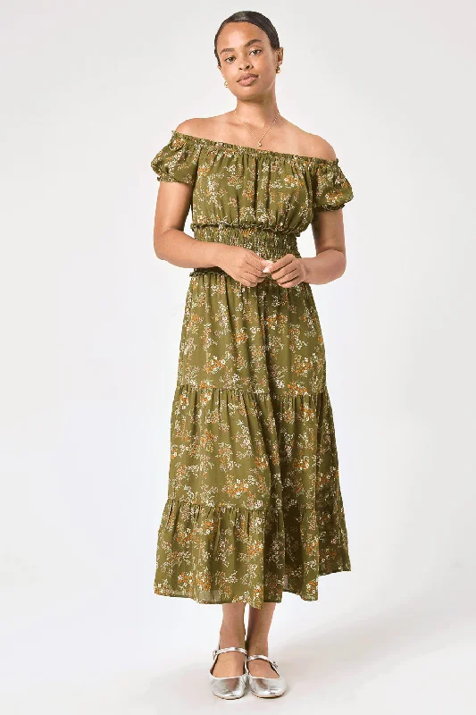 Backless Women Dress for a Sexy and Alluring Look at Evening EventsGreen Floral Off Shoulder Midi Dress