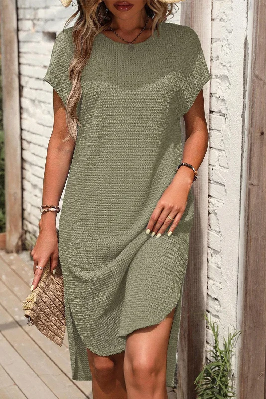 Sleeveless Women Dress in Bright Colors for Summer PartiesWaffle Knit Side Slit Dress