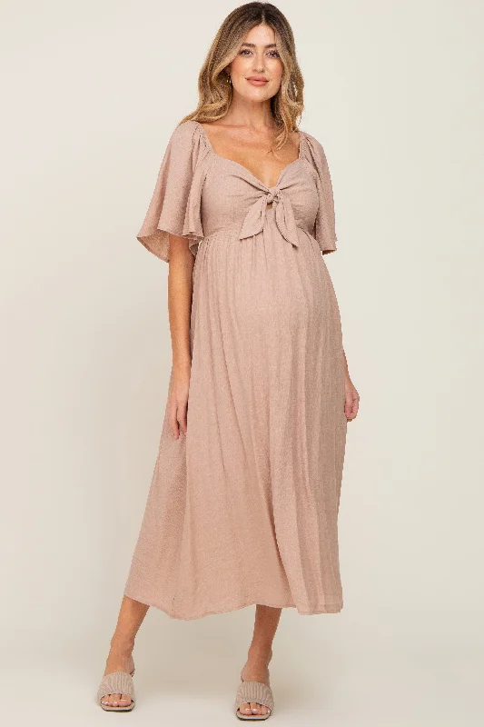 Lace - Embellished Women Dress for an Elegant and Sophisticated AppearanceMocha Front Tie Ruffle Sleeve Maternity Midi Dress