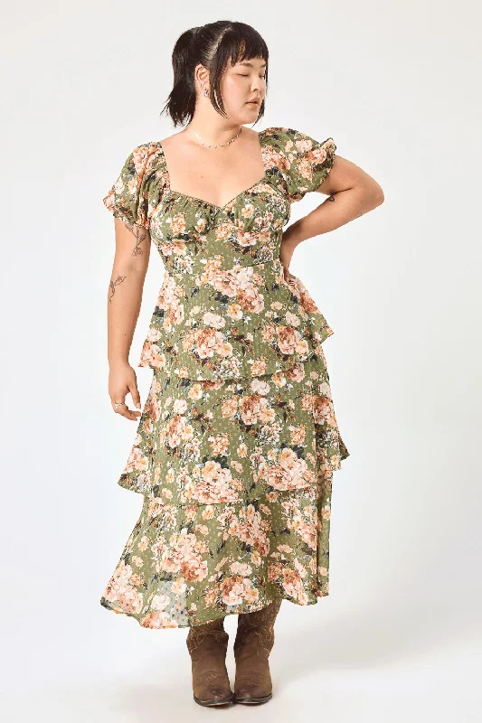 Pleated Women Dress with a Timeless and Elegant TextureOlive Floral 3 Tier Ruffle Midi Dress