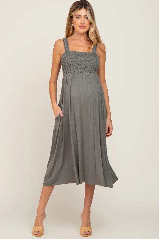 Shift Women Dress with a Simple and Classic Design for Everyday WearOlive Smocked Ruffle Strap Maternity Midi Dress