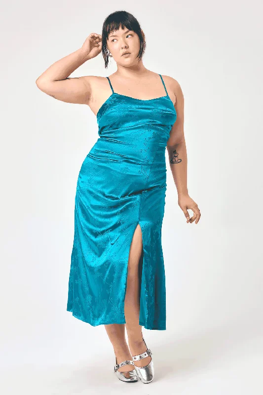 Plus Size Women Dress with a Flattering A - Line Cut for Comfort and StyleTeal Satin Jacquard Midi Cami Dress