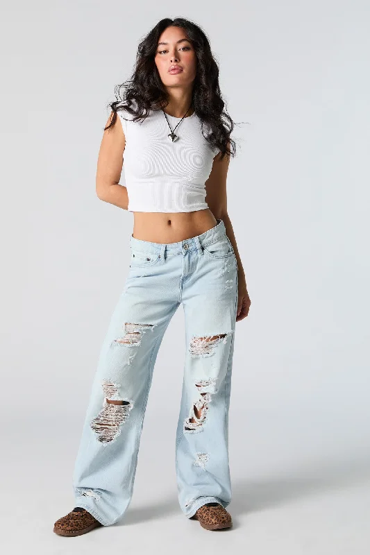 Cropped Denim Top to Pair with High - Waisted BottomsLight Wash Distressed Low Rise Skater Jean