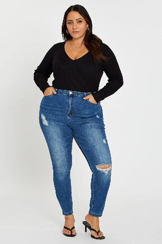 Distressed Denim Top for a Trendy and Edgy LookBlue Jean Mid Rise Slash Knee Skinny