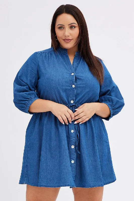 Denim Top with a Floral Print for a Feminine TouchBlue Shirt Dress Denim Look Puff Sleeve