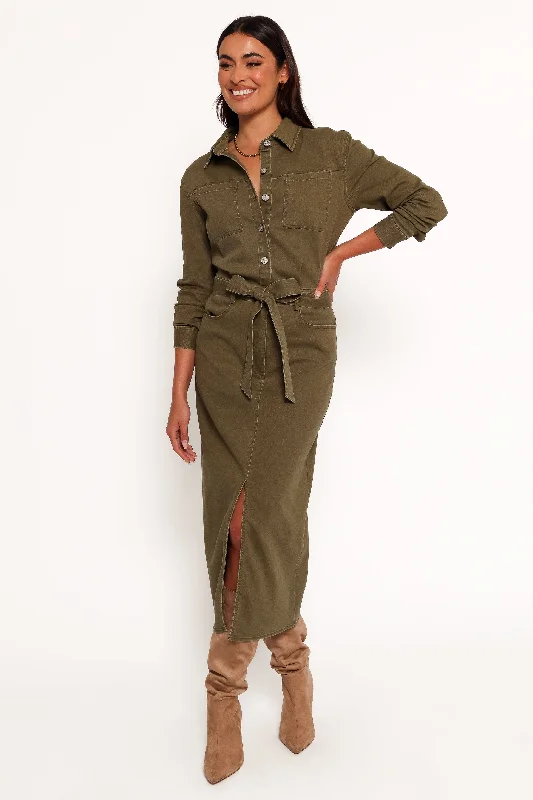 Denim Top for a Music Festival with a Rock - n - Roll VibeCortney Long Sleeve Maxi Dress - Olive