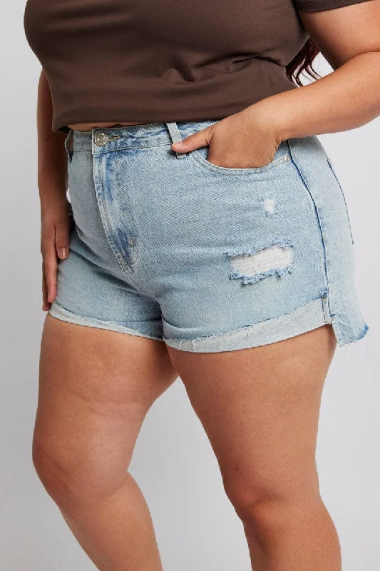 Washed - Out Denim Top for a Vintage AestheticDenim Relaxed Shorts High Rise Distressed Hem