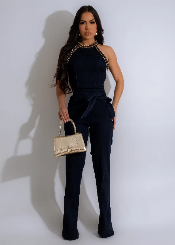 Ripped Denim Top for a Rebellious Fashion StatementKiss Me Chain Denim Jumpsuit Dark Denim