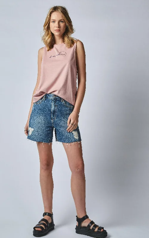 Embroidered Denim Top with Intricate PatternsMinimal Pink Tank