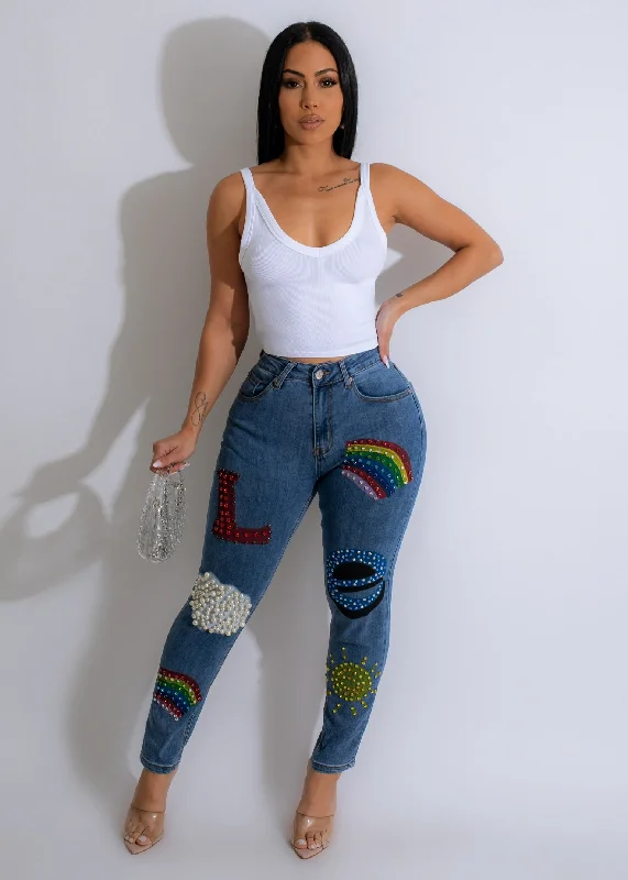 Button - Down Denim Top with a Classic DesignQueen Love Rhinestones Denim Jean