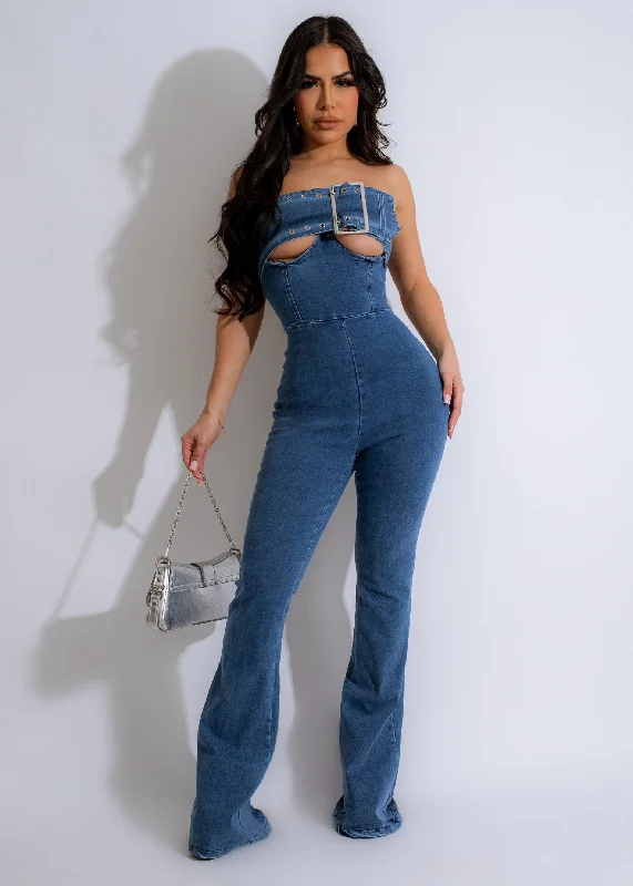 Embroidered Denim Top with Intricate PatternsSoiree Stiletto Denim Jumpsuit