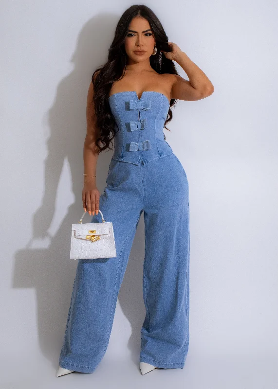 Cropped Denim Top to Pair with High - Waisted BottomsThe Bow-Front Jumpsuit Light Denim