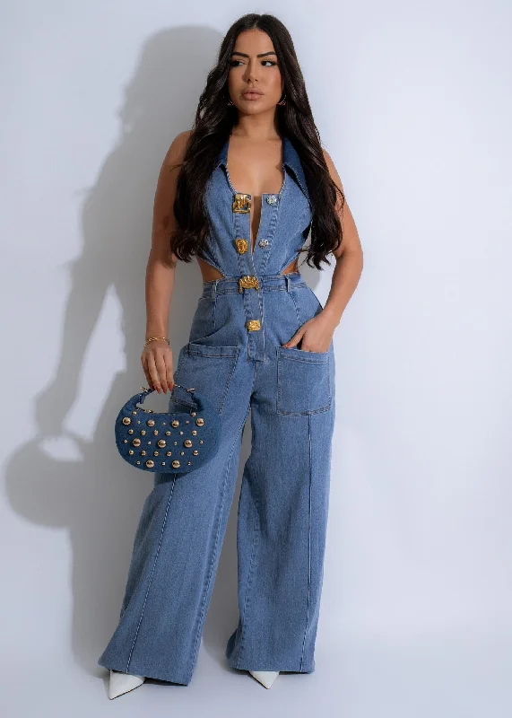 Denim Top with a Collared Neckline for a Preppy StyleVerdant Venture Jumpsuit Light Denim