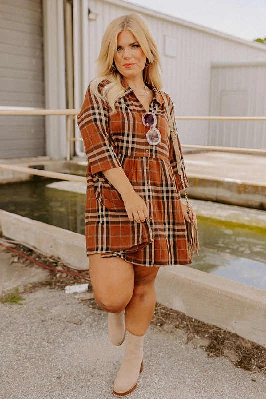 Mini Women Dress with a Short Hem for a Young and Trendy StyleCheery Mood Plaid Tunic Dress In Dark Camel Curves