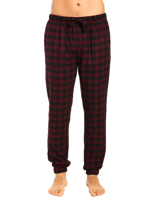 Mens 100% Cotton Flannel Jogger Lounge Pants - Gingham Checks - Fig Black