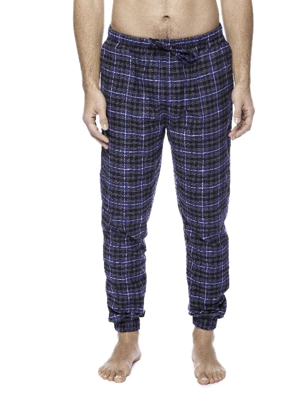 Mens 100% Cotton Flannel Jogger Lounge Pants - Plaid Navy/Black