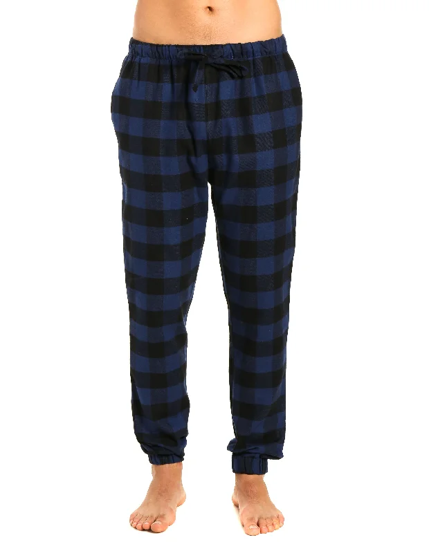 Mens 100% Cotton Flannel Jogger Lounge Pants - Gingham Checks - Black-Blue