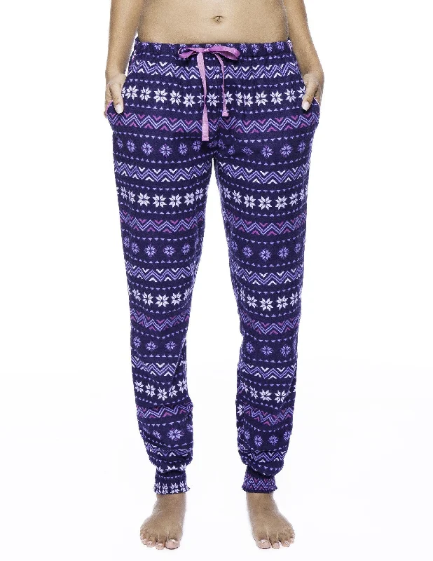 Women's Premium Flannel Jogger Lounge Pants - Nordic Snowflakes Blue