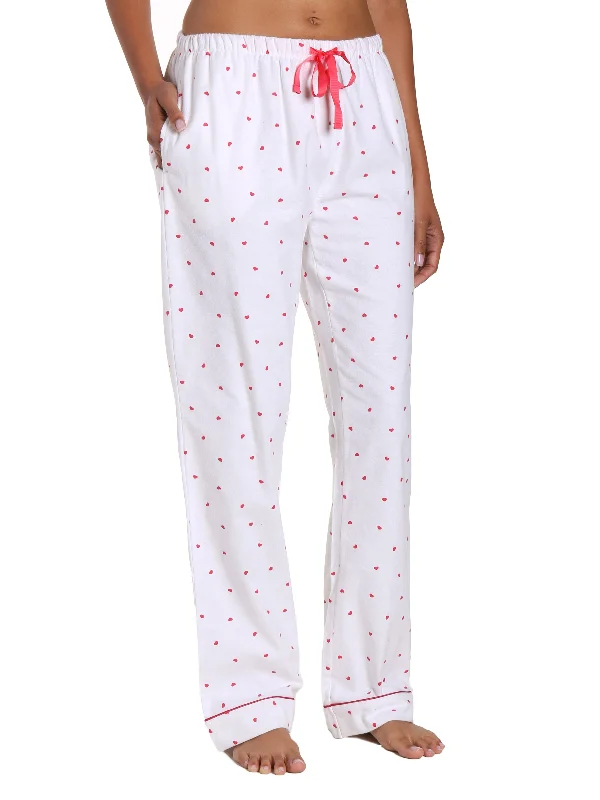 Womens 100% Cotton Flannel Lounge Pants - Little Hearts - White-Red