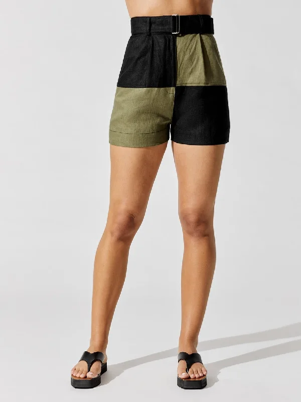 High - Waisted Women Shorts for a Retro and Flattering LookColorblock Shorts - Army/Black Linen