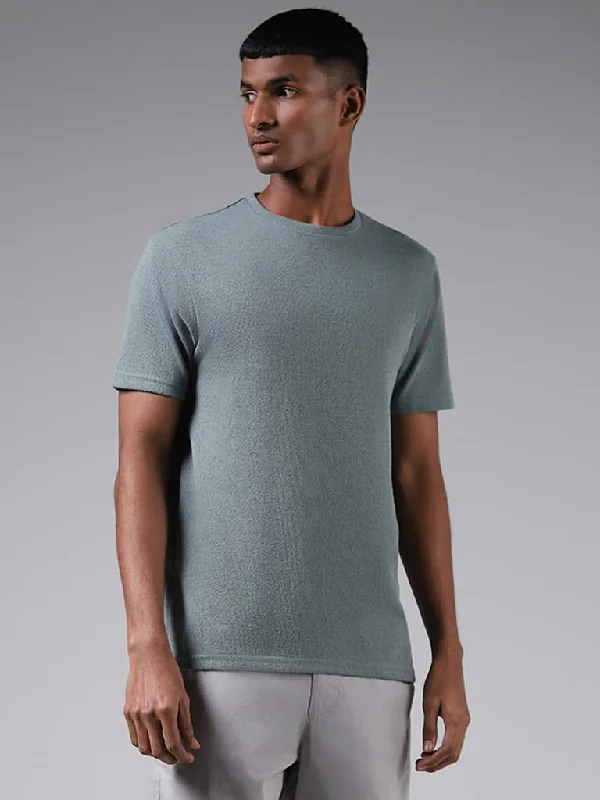 ETA Light Teal Self-Textured Slim-Fit T-Shirt