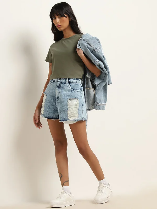 Embroidered Women Shorts with Intricate DesignsNuon Blue Ripped High-Rise Denim Shorts