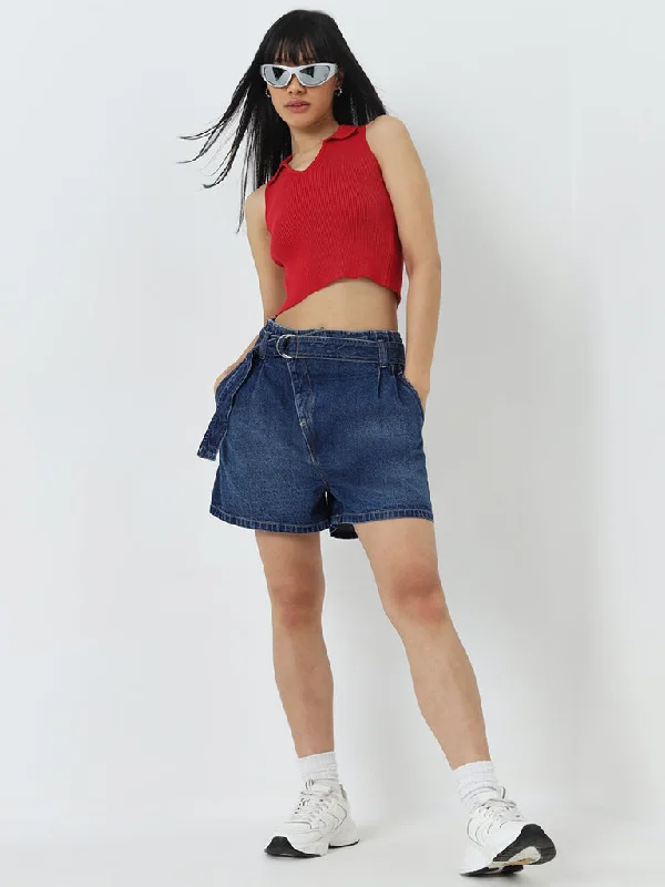 Belted Women Shorts to Enhance the WaistlineNuon Dark Blue Mid-Rise Denim Shorts with Belt