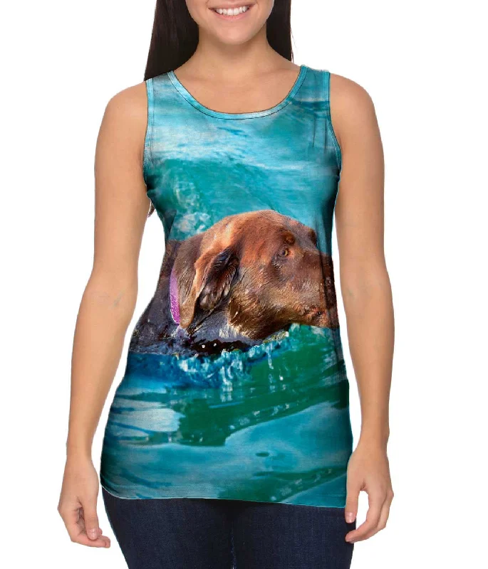 High - Neck Women's Silk Blend Tank Tops for a Luxurious FeelSwimming Chocolate Lab