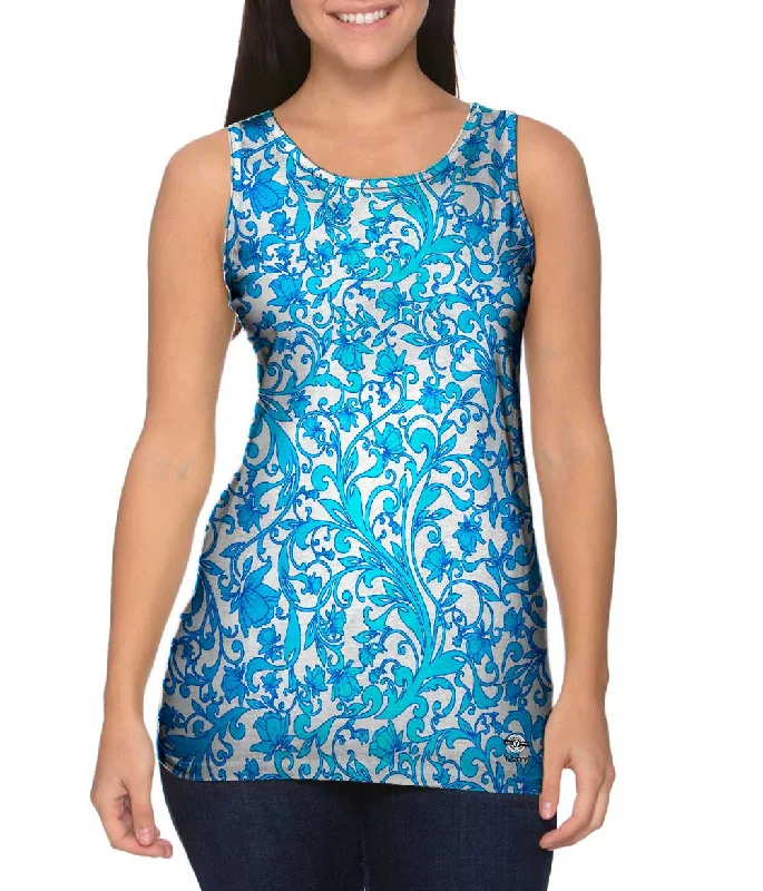 Halter Neck Women's Modal Blend Tank Tops for ComfortSwirl Flower Navy Turquoise Pattern