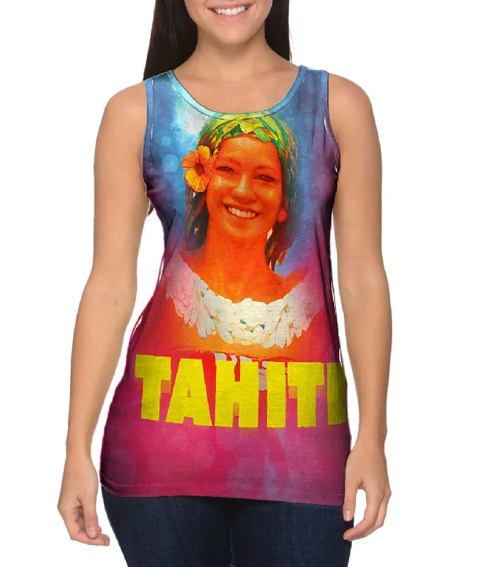 Scoop Neck Women's Linen Blend Tank Tops for SummerTahiti Paradise 040