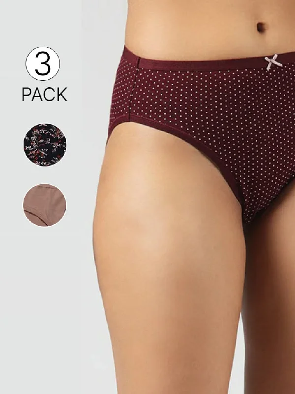 Wunderlove Maroon Polka Dotted Cotton Blend High Leg Briefs - Pack of 3